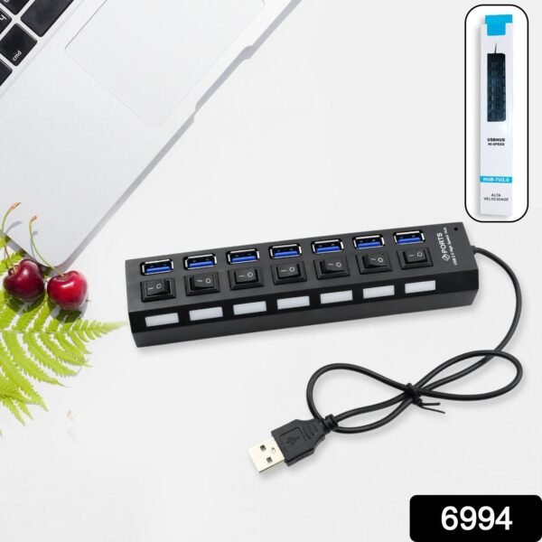 USB Splitter Multi Port USB 2.0 Hub, 7 Port with Independent On/Off Switch and LED Indicators USB A Port Data Hub, Suitable for PC Computer Keyboard Laptop Mobile HDD, Flash Drive Camera Etc - Image 2