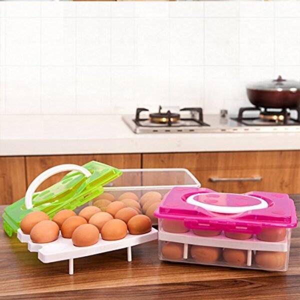 2Layer, 32 Grid Egg Tray with Lid Egg Carrier Holder for Refrigerator, Camping Food Storage Container with Handle (1 Pc ) - Image 3