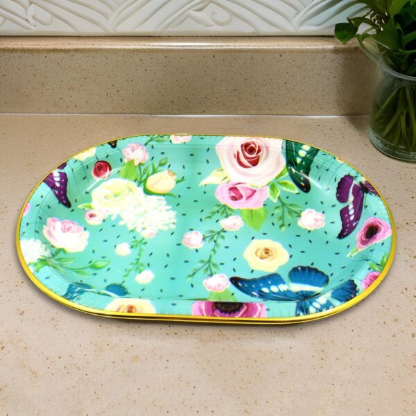 Big Plastic Flower Printed Design Serving Tray (1 Pc / 35 x 24 CM / Mix Color) - Image 3