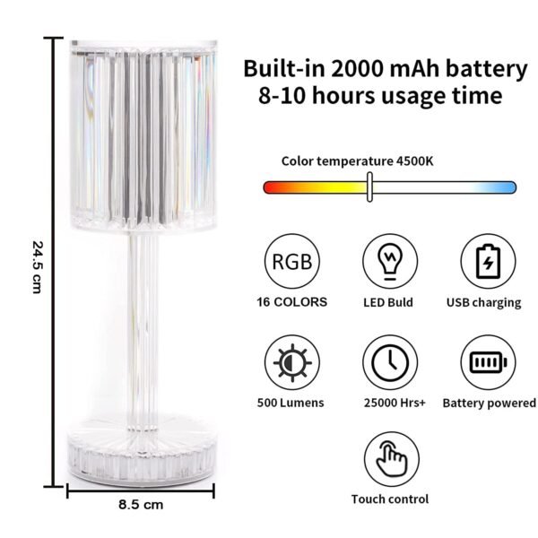 Crystal Table Lamp , Touch Control Atmosphere Nightstand Lamp With USB Charging Line - Image 6