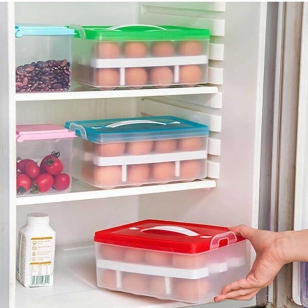 2Layer, 32 Grid Egg Tray with Lid Egg Carrier Holder for Refrigerator, Camping Food Storage Container with Handle (1 Pc ) - Image 6