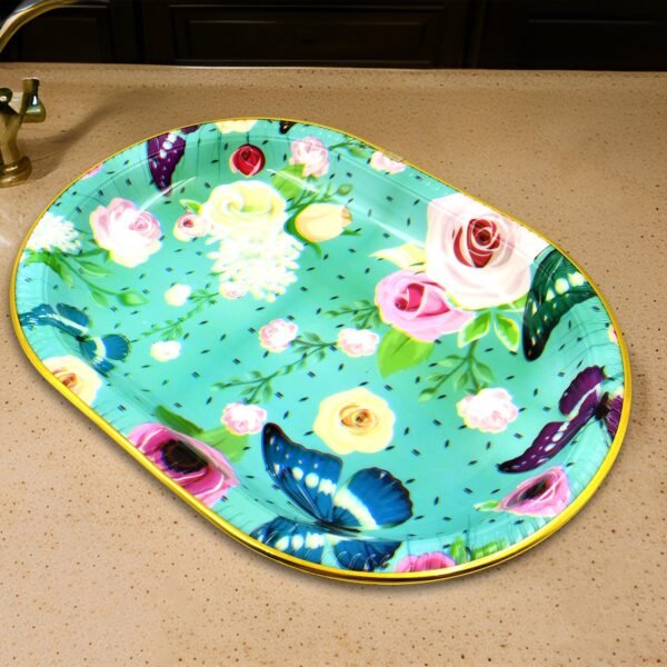 Big Plastic Flower Printed Design Serving Tray (1 Pc / 35 x 24 CM / Mix Color) - Image 4