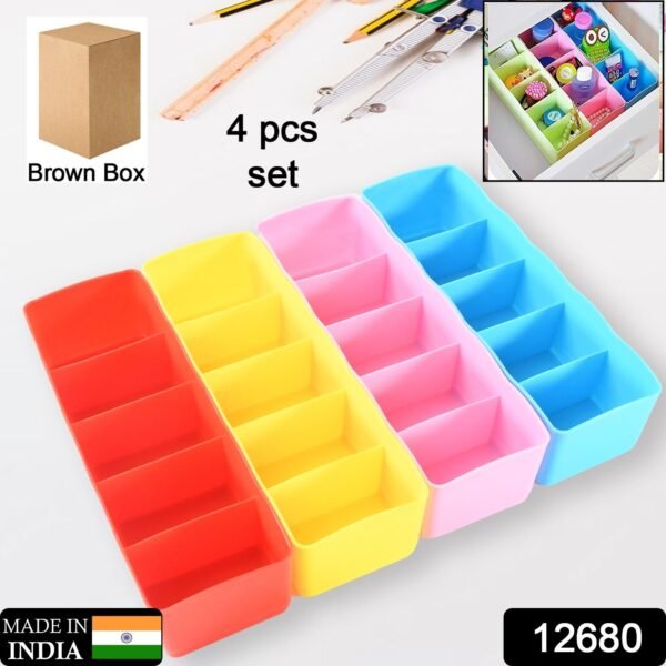 Multi-Function Desktop Drawer Storage Box Clothing Organizer 5 Grid Storage Box Underwear Socks ,Ties Organizer Box (4 Pc Set) - Image 2