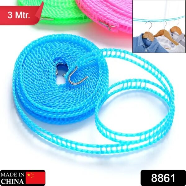 3 Meter Anti-Slip Clothesline Rope - Nylon, Hooks, Indoor/Outdoor - Image 2