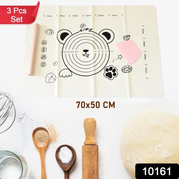 3 In 1 Low Silicone Baking Mat With Wooden Belan & Cake Scraper (3 Pcs Set / 70×50 CM) - Image 2