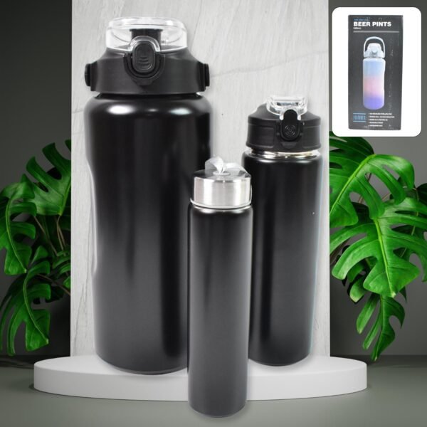 3 In 1 Stainless Steel Insulated Water Bottle, Double Wall Vacuum (3 Pcs Set / Different Size)