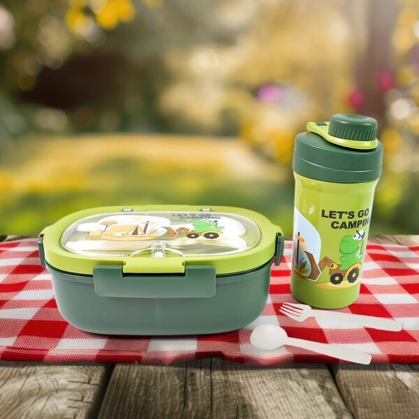 Plastic Lunch Box Leak Proof 3 Compartment with Bottle, Spoon and Fork (1 Set)