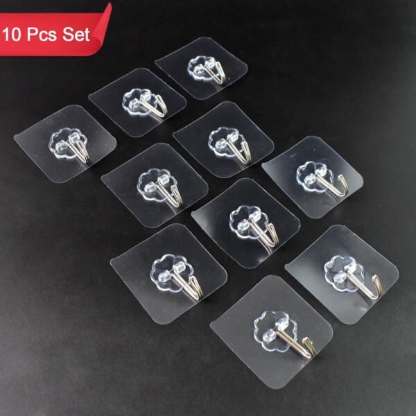 Self Adhesive Transparent Sticky Plastic & Stainless Steel Wall Hooks (10 Pcs Set)